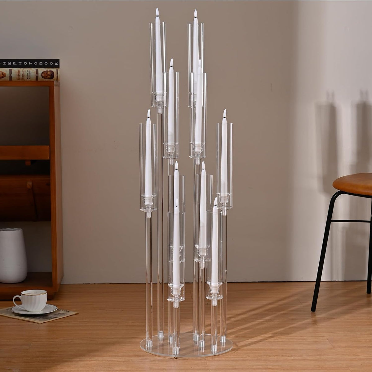 10 Arm Acrylic Candelabra Centerpieces, Floor Clear Tall Candlesticks Holder with Removable Lampshade, Fit 0.82" LED