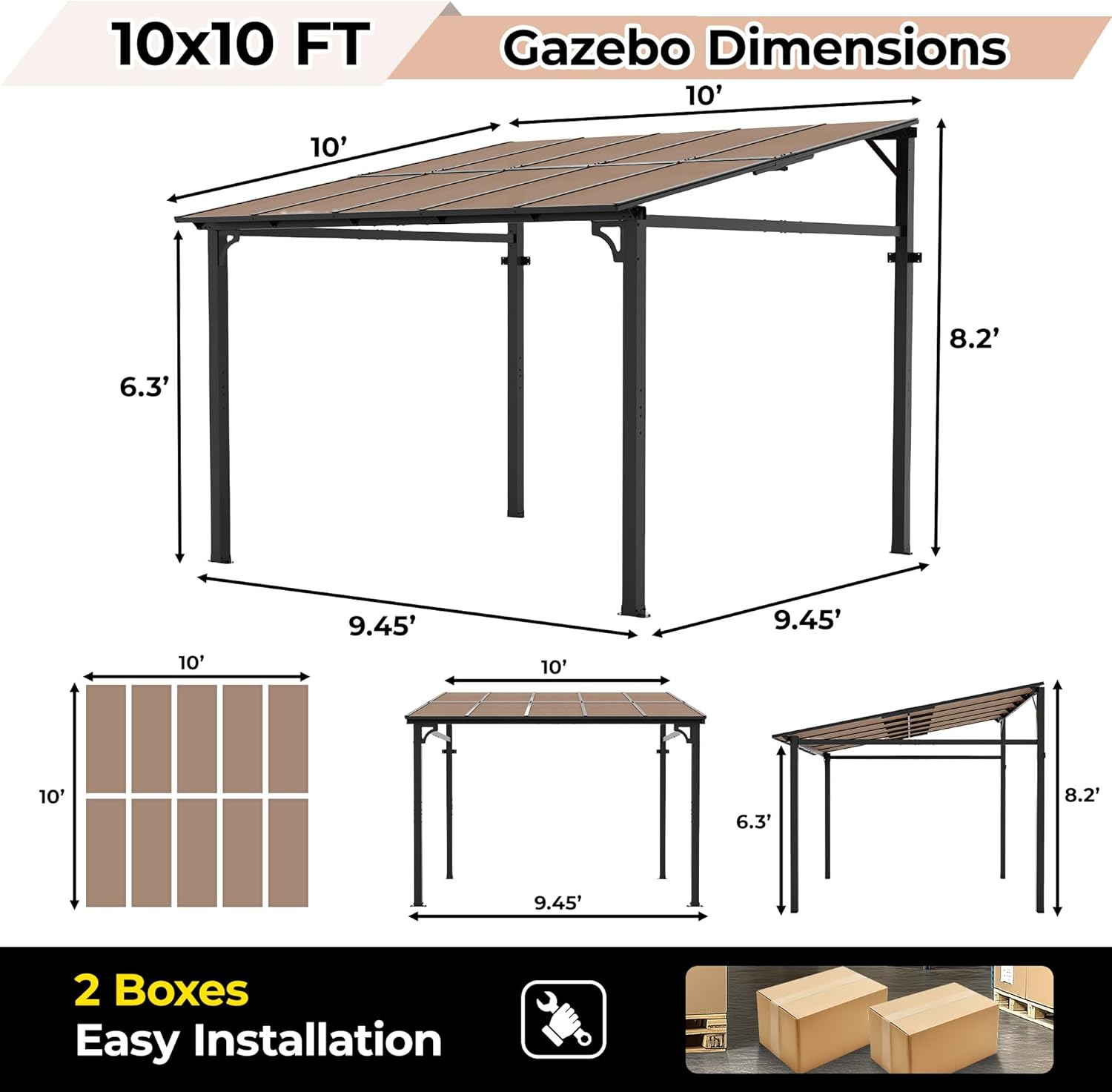 10' x 10' Lean to Gazebo, Hard Top Outdoor Pergola with Roof, Gazebos Pergola on Clearance
