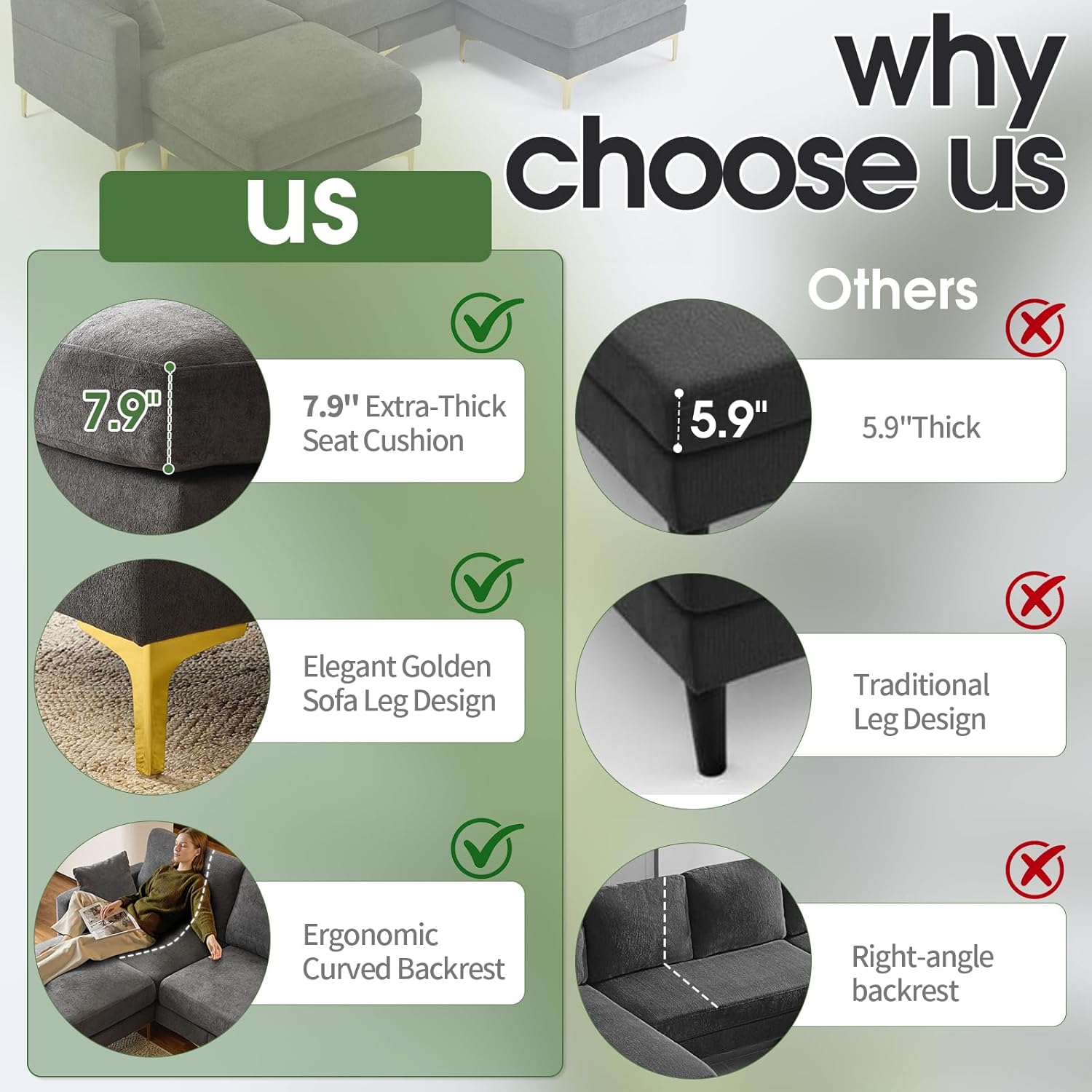 100" W U Shaped Couch with Ottoman, 22" Deep Seat Comfortable Sectional Couches for Living Room