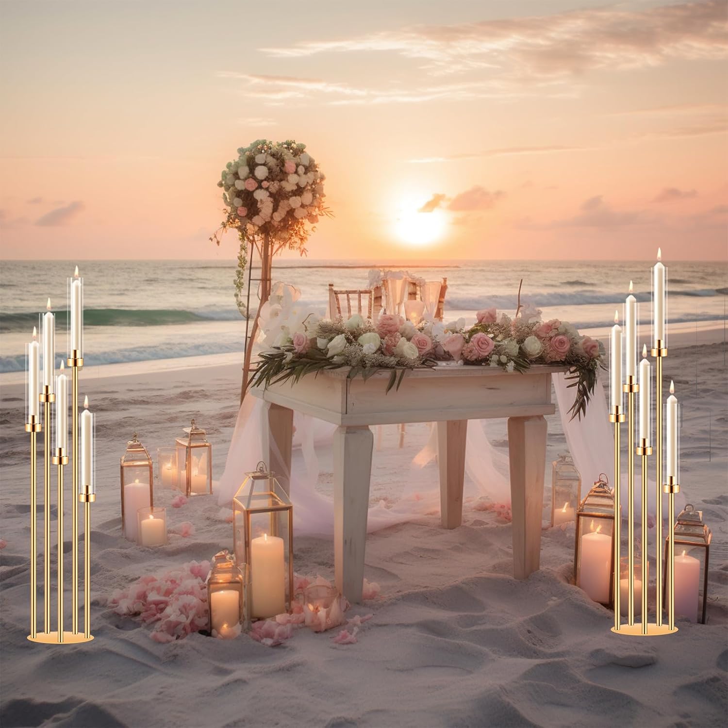 10 Sets 5 Arms Acrylic Candelabra for Tables,42'' Tall Candlesticks Holder with Lampshade,Wedding Centerpieces,Gold