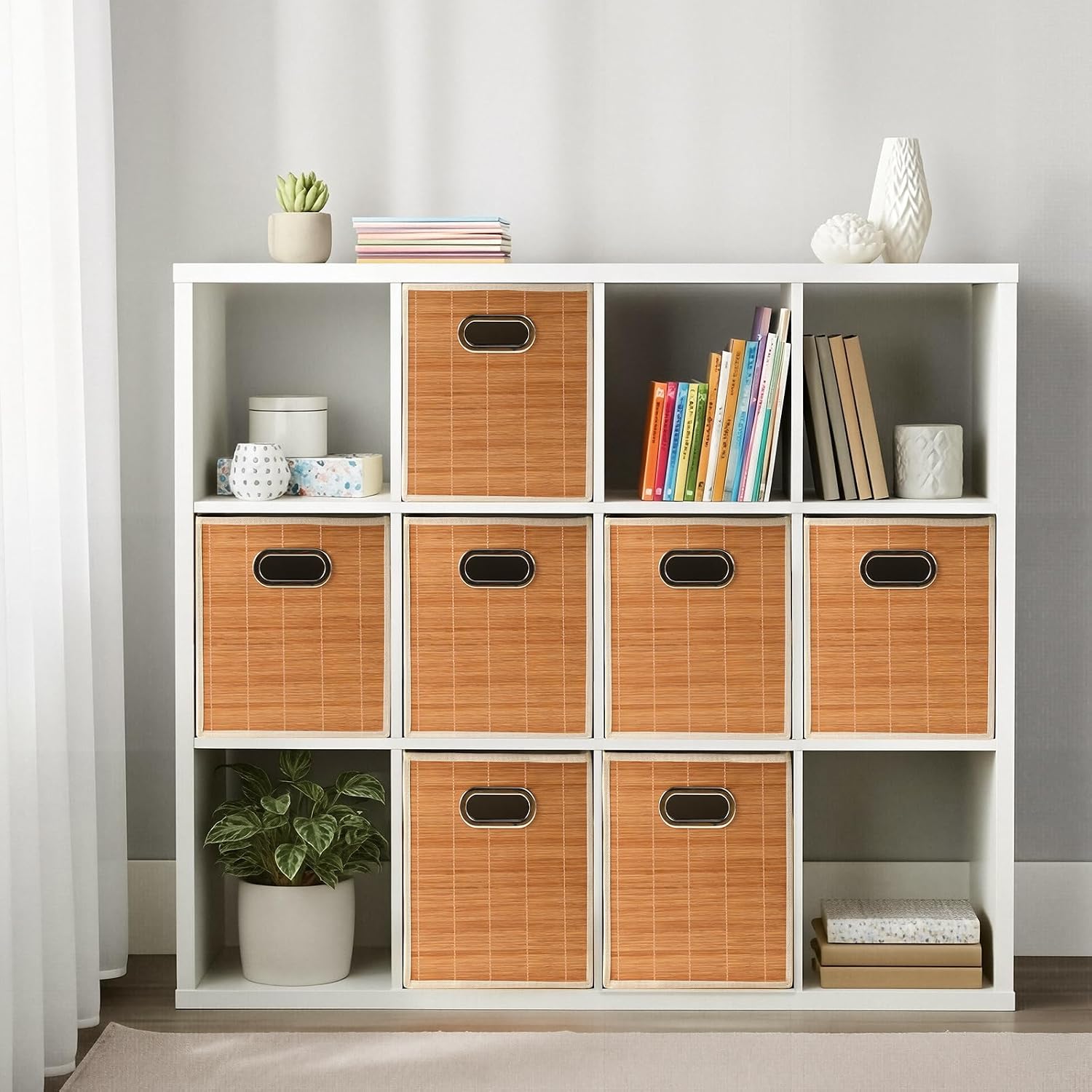10.5x10.5in Bamboo Storage Cubes Storage Baskets, 6-Pack Foldable Handwoven Bamboo Strip Wicker Basket, Wicker Cube