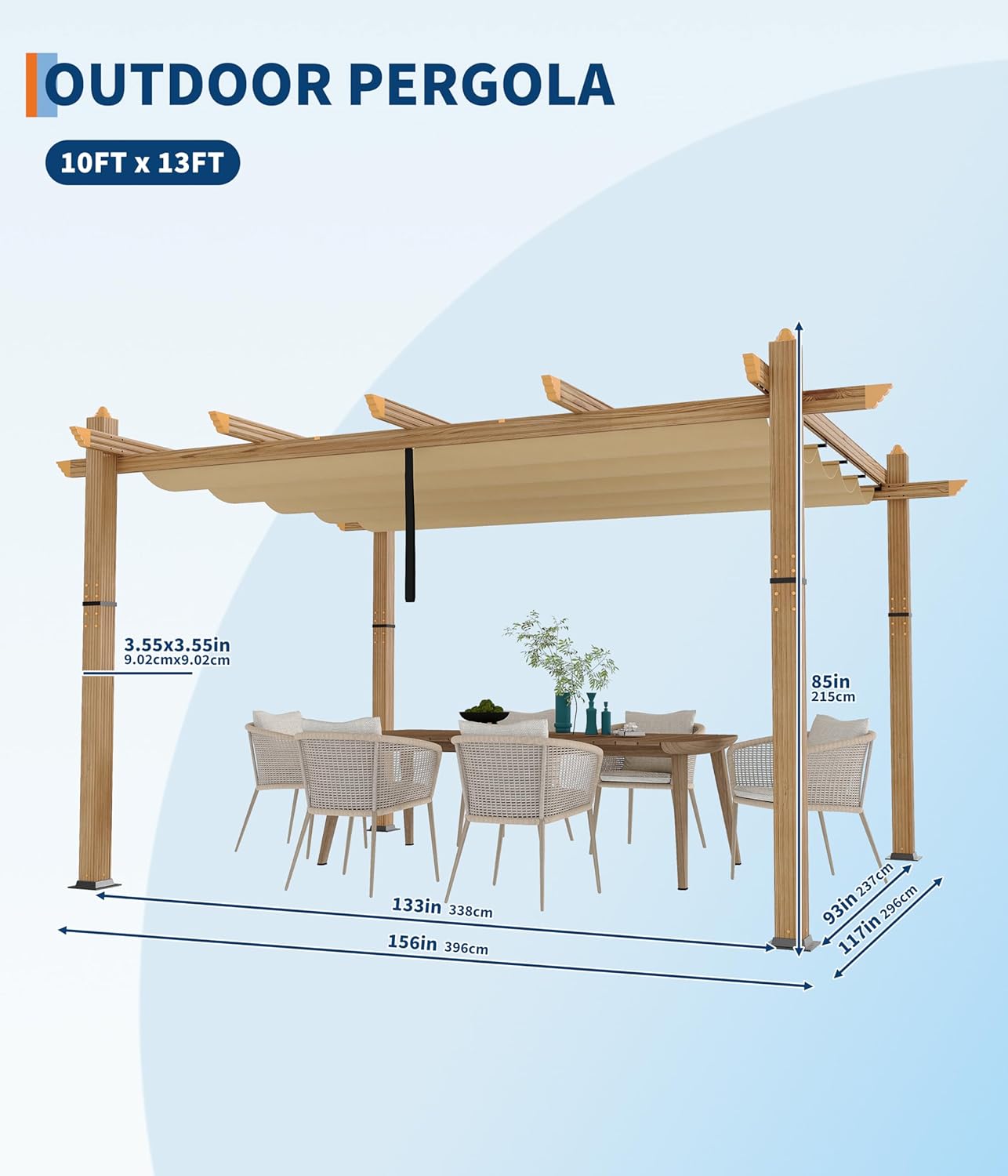10 x 13 ft Wood-Grain Aluminum Pergola Outdoor Pergola with Retractable Canopy Sun Shade Shelter for Garden