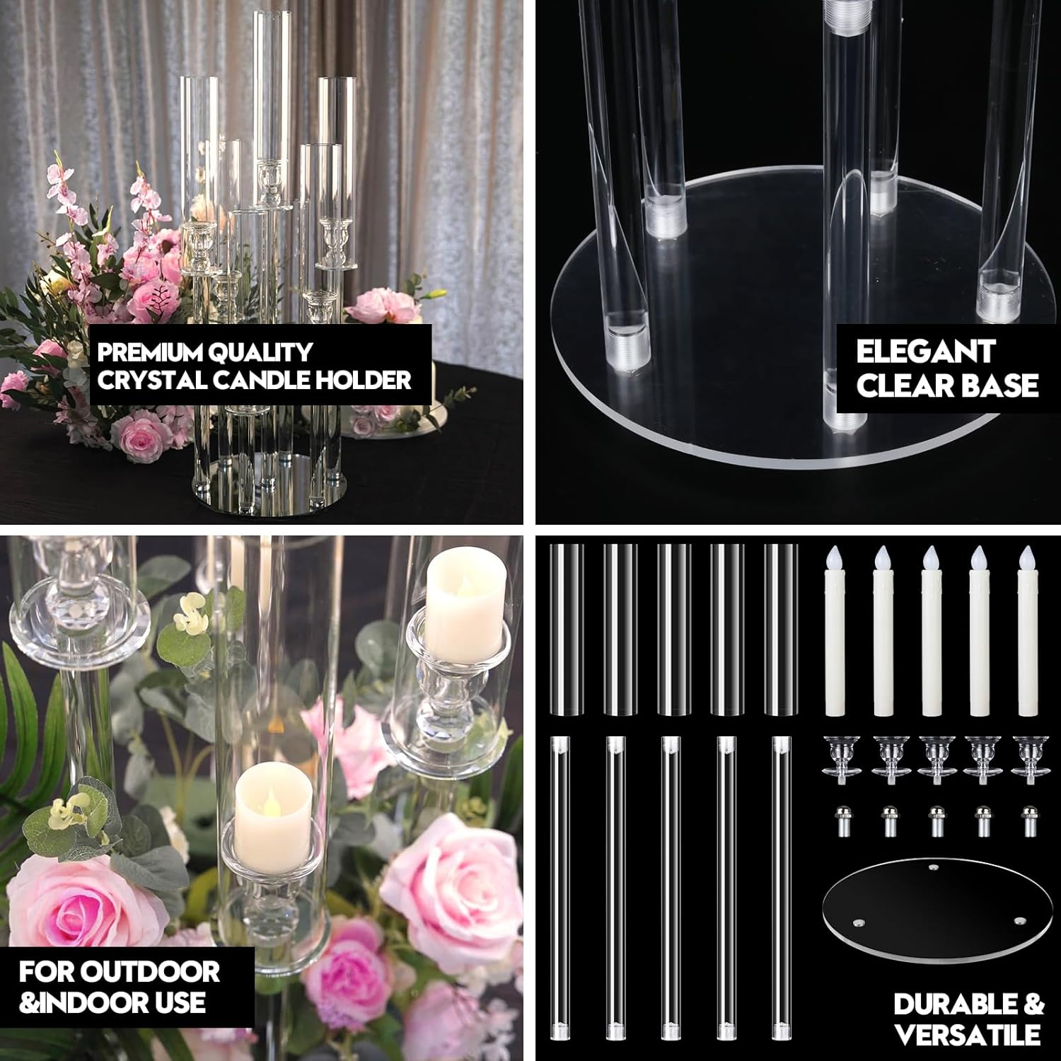 1 Set 5 Arm Acrylic Candle Holder with Candles, Mjkeomo 27'' Tall Table Candelabra, Complete Centerpiece Set for Fireplace Mantel, Wedding, Housewarming Gift