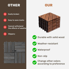 10 PCS Interlocking Deck Tiles, 12" x 12" Acacia Wood Patio Tiles with Diagonal Pattern, Weather-Resistant Snap