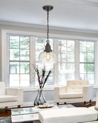 1-Pack Farmhouse Pendant Light, 1-Light Industrial Hanging Light Fixture with 9.3" Round Seeded Glass Shade, Dark