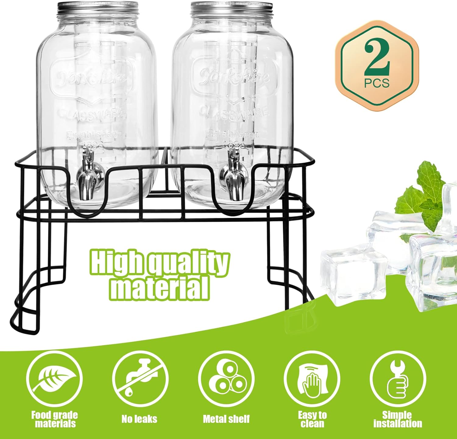1 Gallon Glass Drink Dispensers For Parties 2PACK.Beverage Dispenser,Glass Drink Dispenser With Stand And Stainless