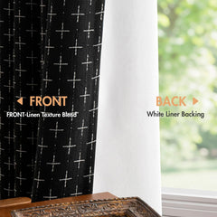 100% Blackout Decorative Linen Curtains with Geometric Pattern, Thick Woven Farmhouse Rustic Patterned Drapes with Back Tab for Bedroom and Living Room, Black, 2 Panels