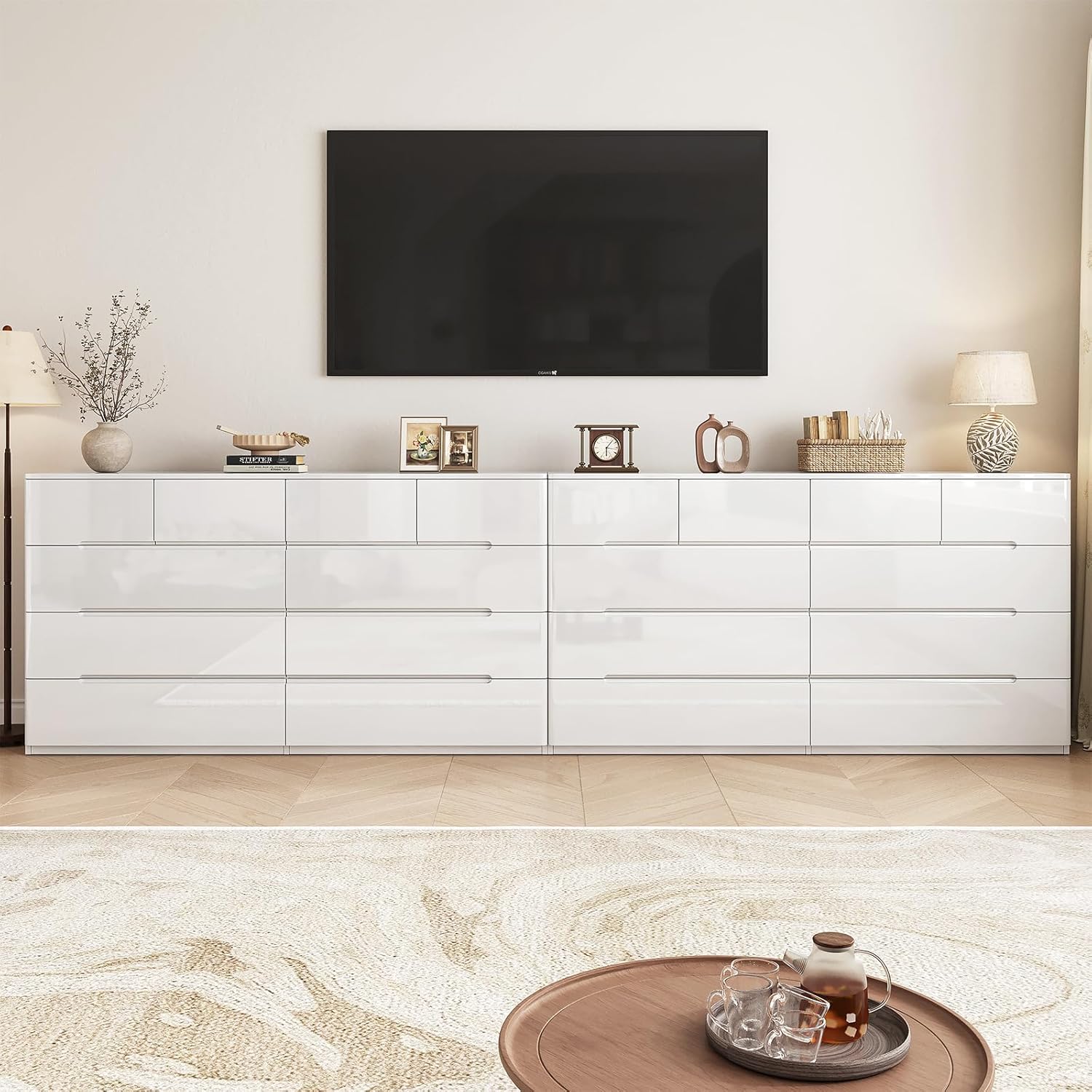 10 Drawer White Dresser , 55" Long Dresser Chest of Drawers, Large High Gloss Modern Storage Cabinet with Big Drawers