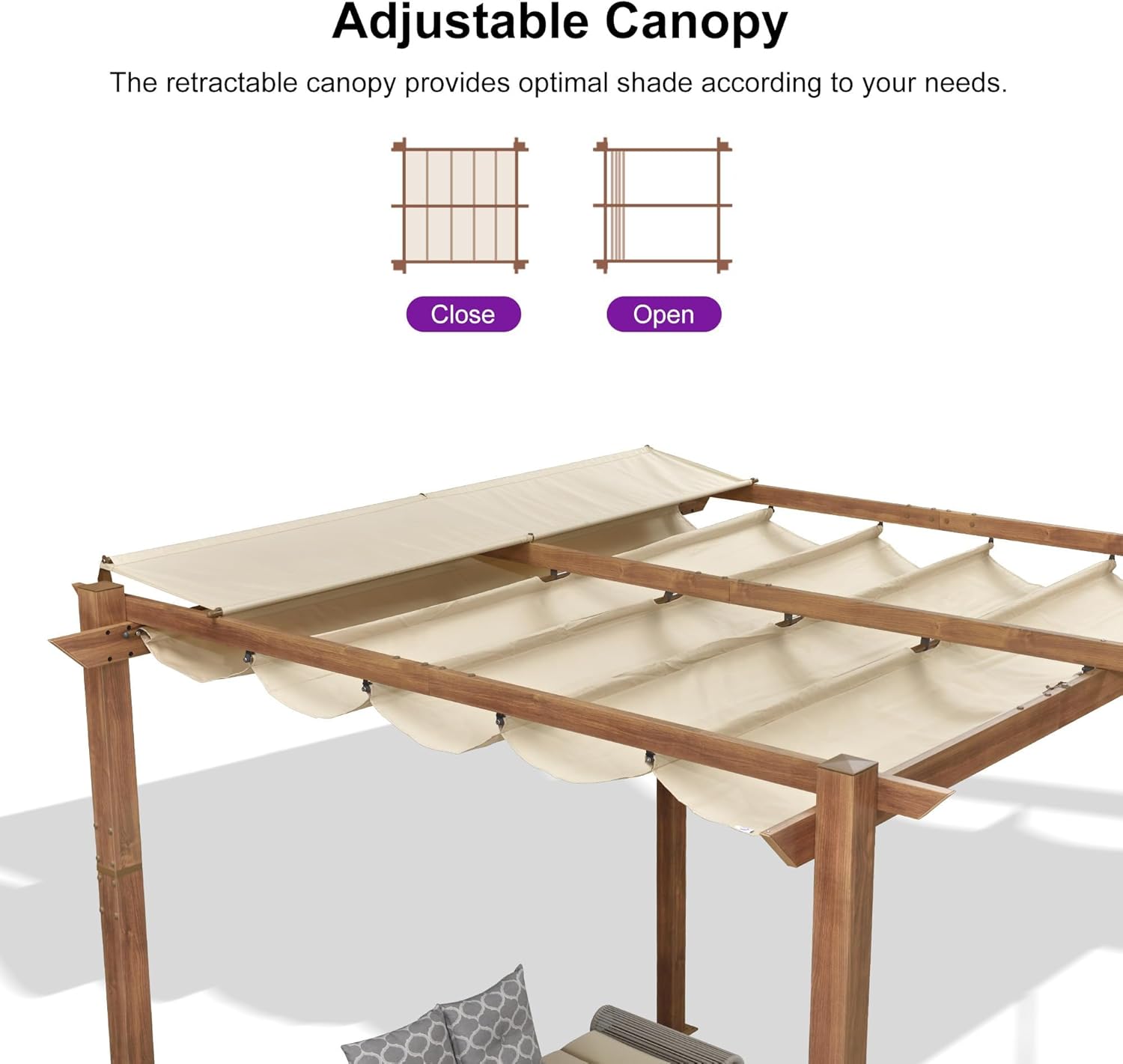 10' x 10' Outdoor Retractable Pergola with Sun Shade Canopy Patio Metal Shelter for Garden Porch Pavilion Natural Wood