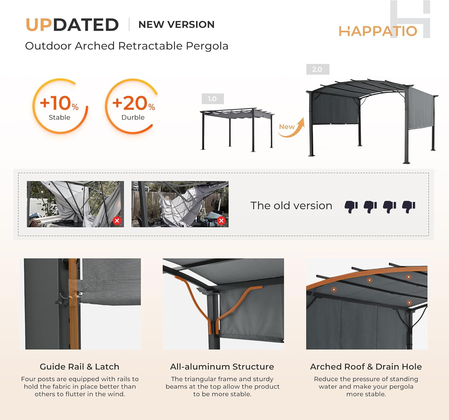 10' x13' Outdoor Arched Patio Pergola, Outdoor Retractable Pergola with Sun Shade Canopy