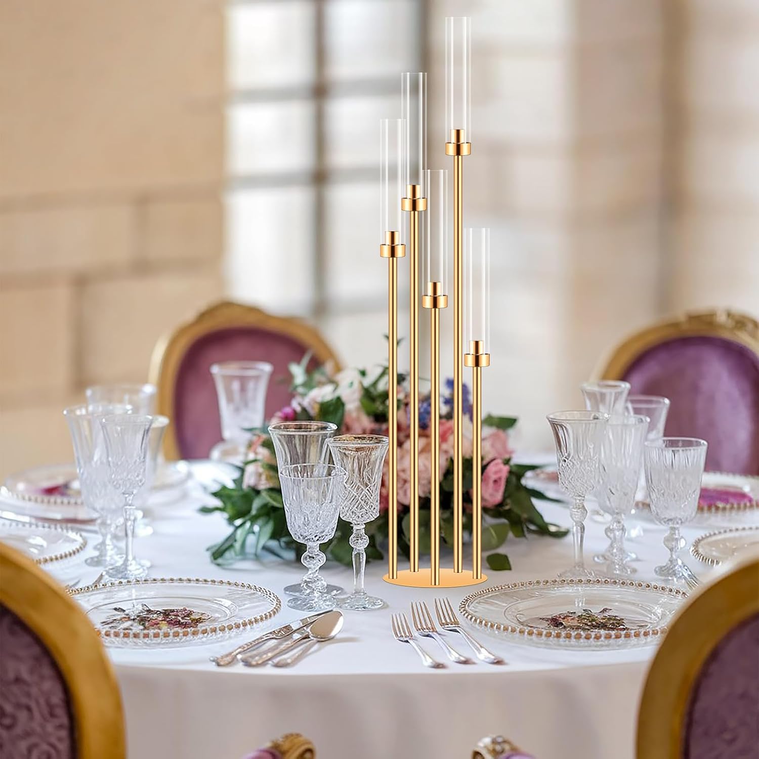 10 Sets 5 Arms Acrylic Candelabra for Tables,42'' Tall Candlesticks Holder with Lampshade,Wedding Centerpieces,Gold