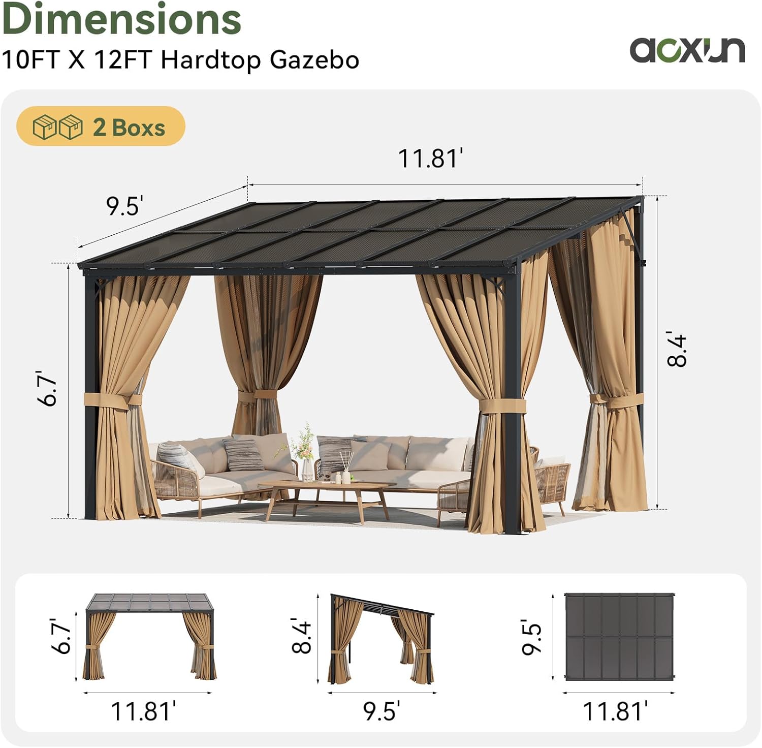 10'x12' Lean to Gazebo with Mosquito Net and Curtains, Aluminum Frame, Polycarbonate Panel