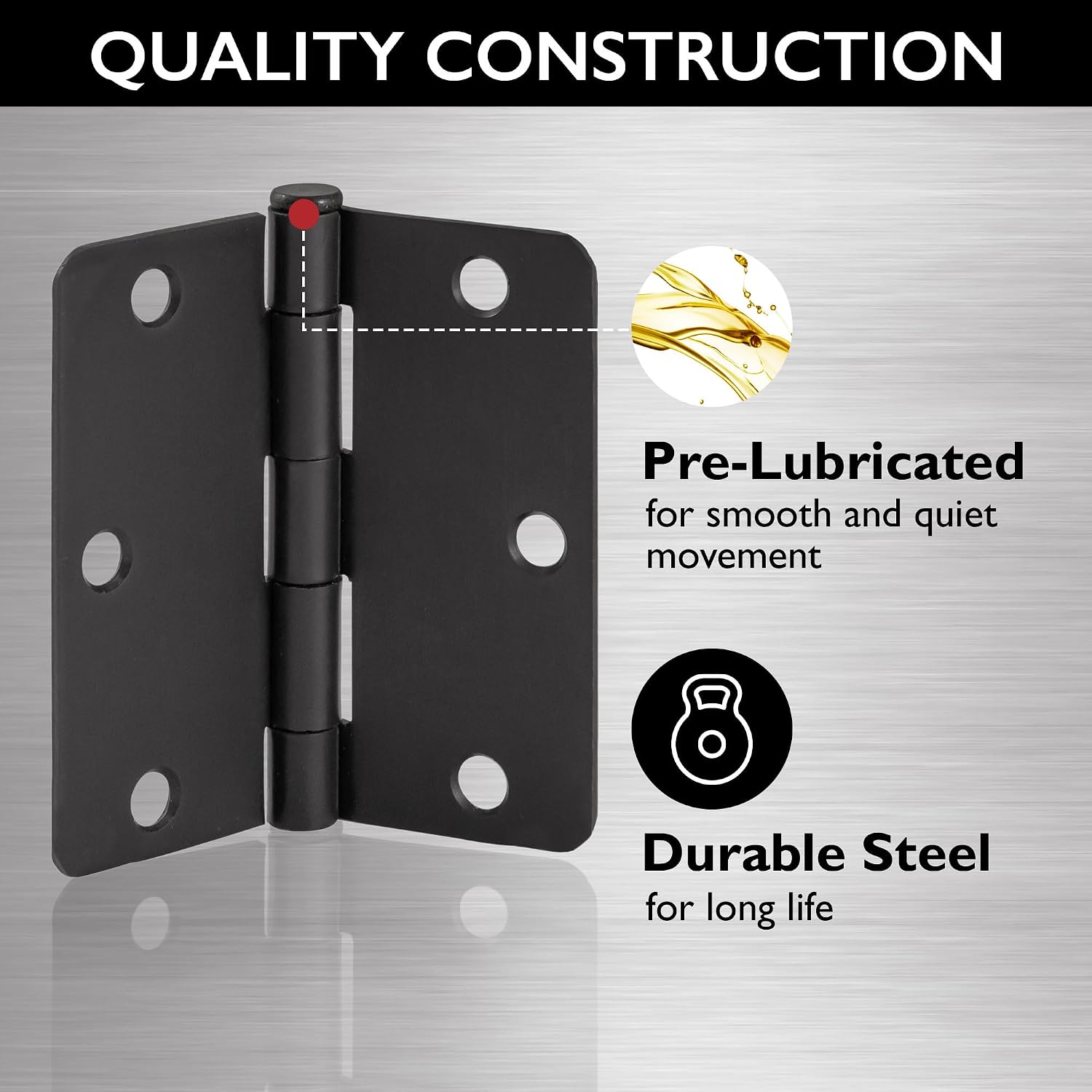 10-Pack 3.5-Inch x 3.5-Inch Interior Door Hinges with 1/4-Inch Radius, Matte Black, Heavy Duty Steel Construction