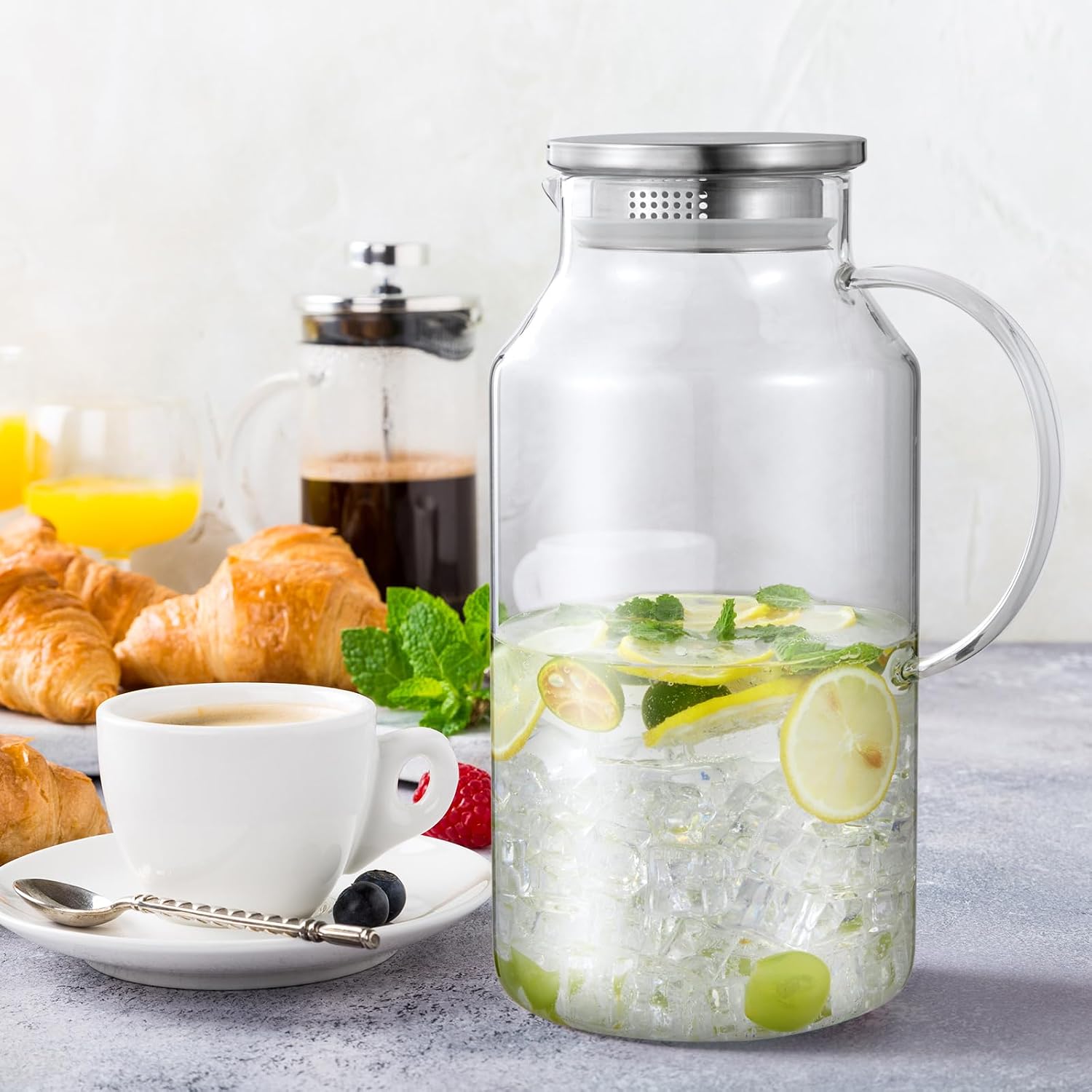 1 Gallon Glass Pitcher with Lid and Handle, Water Pitcher for Fridge, Glass Carafe for Hot/Cold Water, Large Iced Tea