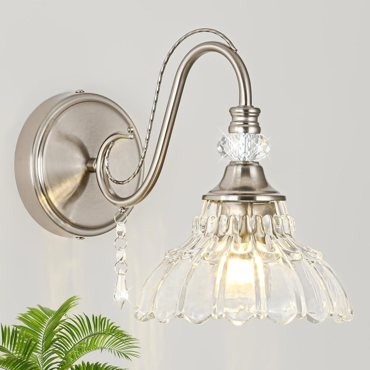 1 Piece Brushed Nickel Finish Wall Sconce, 1-Light Modern Wall Sconce with Hanging Crystal Accents and Flower-Shaped