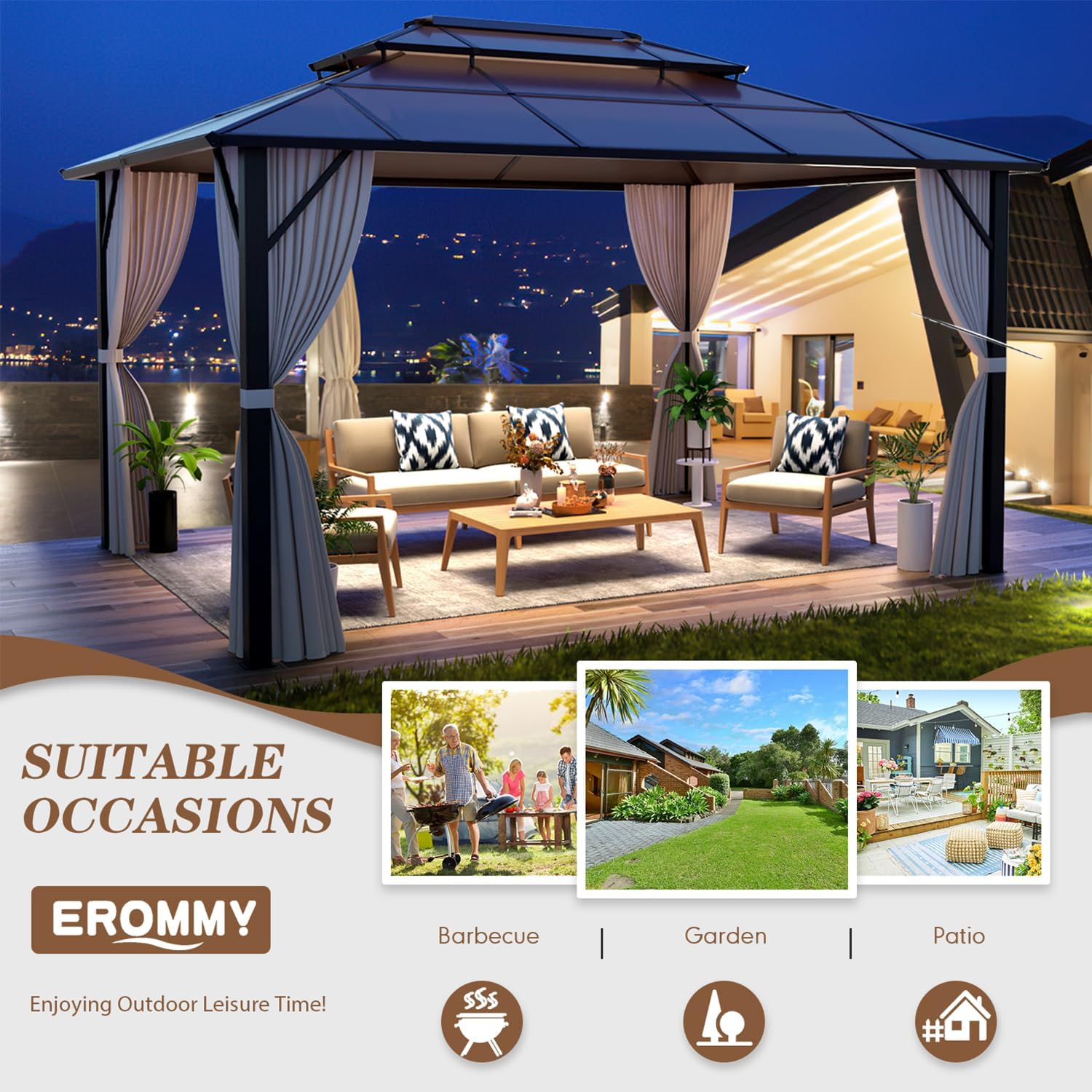 10' x 13' Gazebo Polycarbonate Double Roof Canopy Outdoor Aluminum Frame Pergola