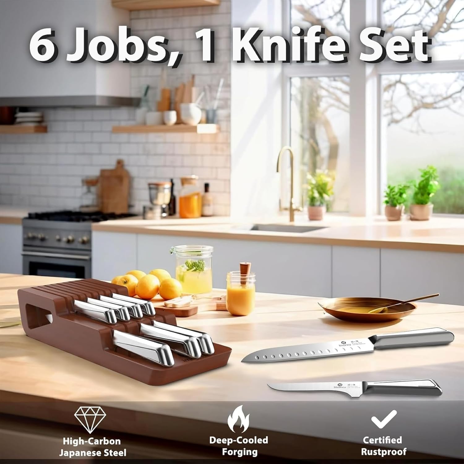10 PCS Stainless Steel Drawer Knife Set with Wooden Organizer | Japanese High-Carbon Stainless Steel Blades |