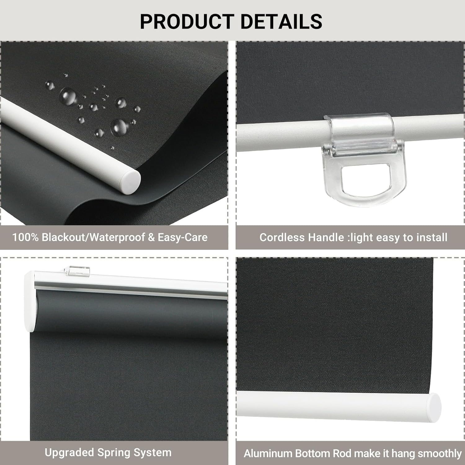 100% Blackout Indoor Cordless Roller Shades for Windows,Room Darkening Rolled Up Blinds with Spring System,Thermal