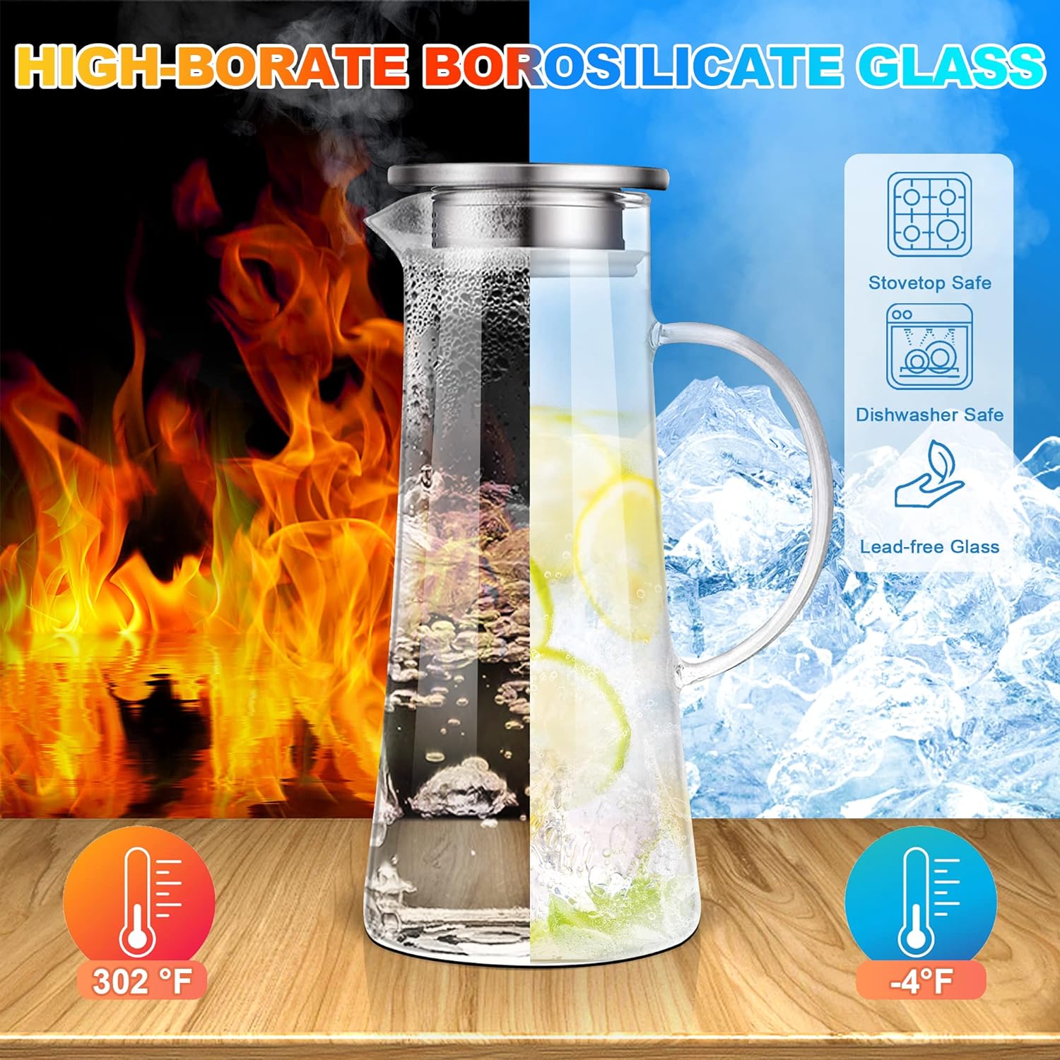1.5 Liter 51oz Glass Pitcher with Lid, Easy Clean Heat Resistant Glass Water Carafe with Handle for Hot/Cold