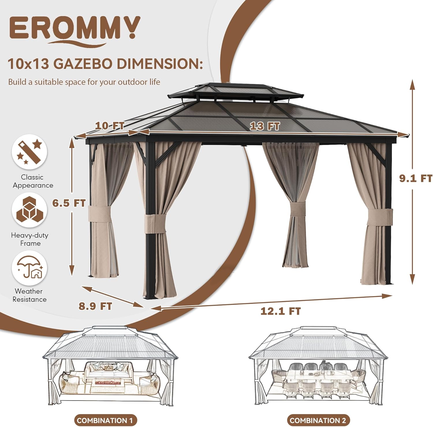 10' x 13' Gazebo Polycarbonate Double Roof Canopy Outdoor Aluminum Frame Pergola