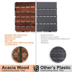 10 PCS Interlocking Deck Tiles, Solid Wood Patio Flooring Outdoor Waterproof, 12"x12"x0.8" Acacia Wood Tiles, Patio