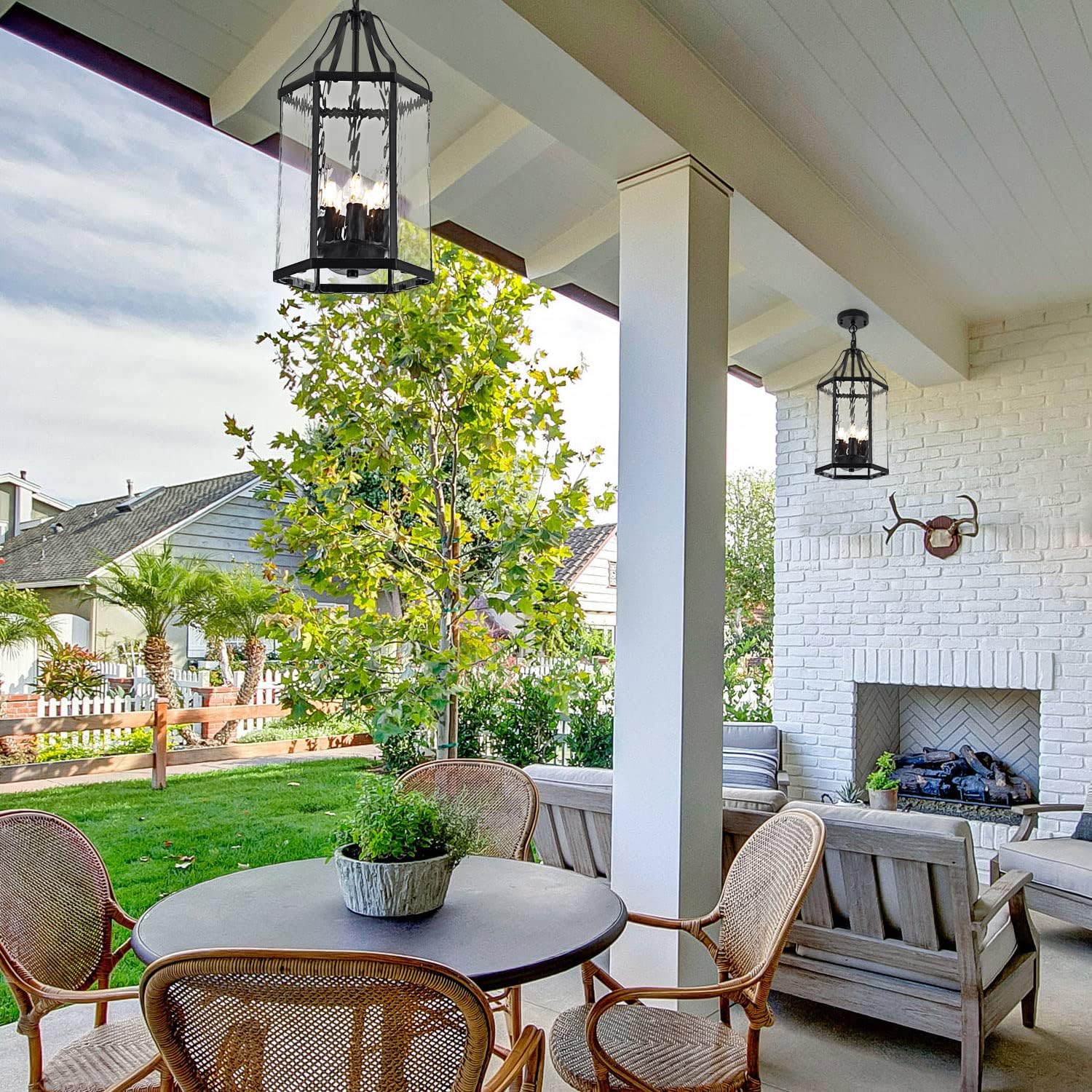 10" Modern 5-Light Exterior Black Lantern Pendant Light Fixture with Clear Rippled Glass Mini Industrial Hanging Cage