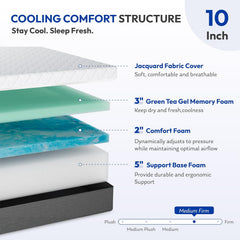 10 Inch Queen Size Mattress,Green Tea Gel Memory Foam,Medium Firm | Cool Night Sleep,Back Pain Relief,Enhanced