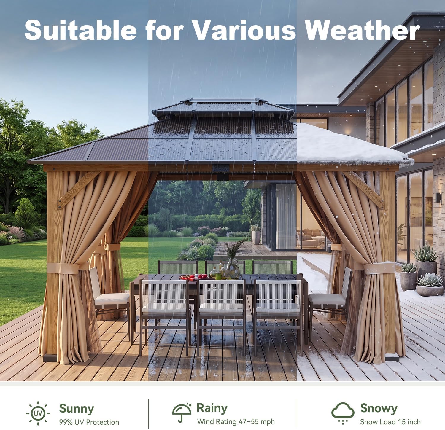10' x 12' Outdoor Wood Gazebo with Double Polycarbonate Top