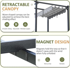 10'x12' Outdoor Pergola with Retractable Canopy, Patio Metal Heavy-Duty Gazebo Shelter