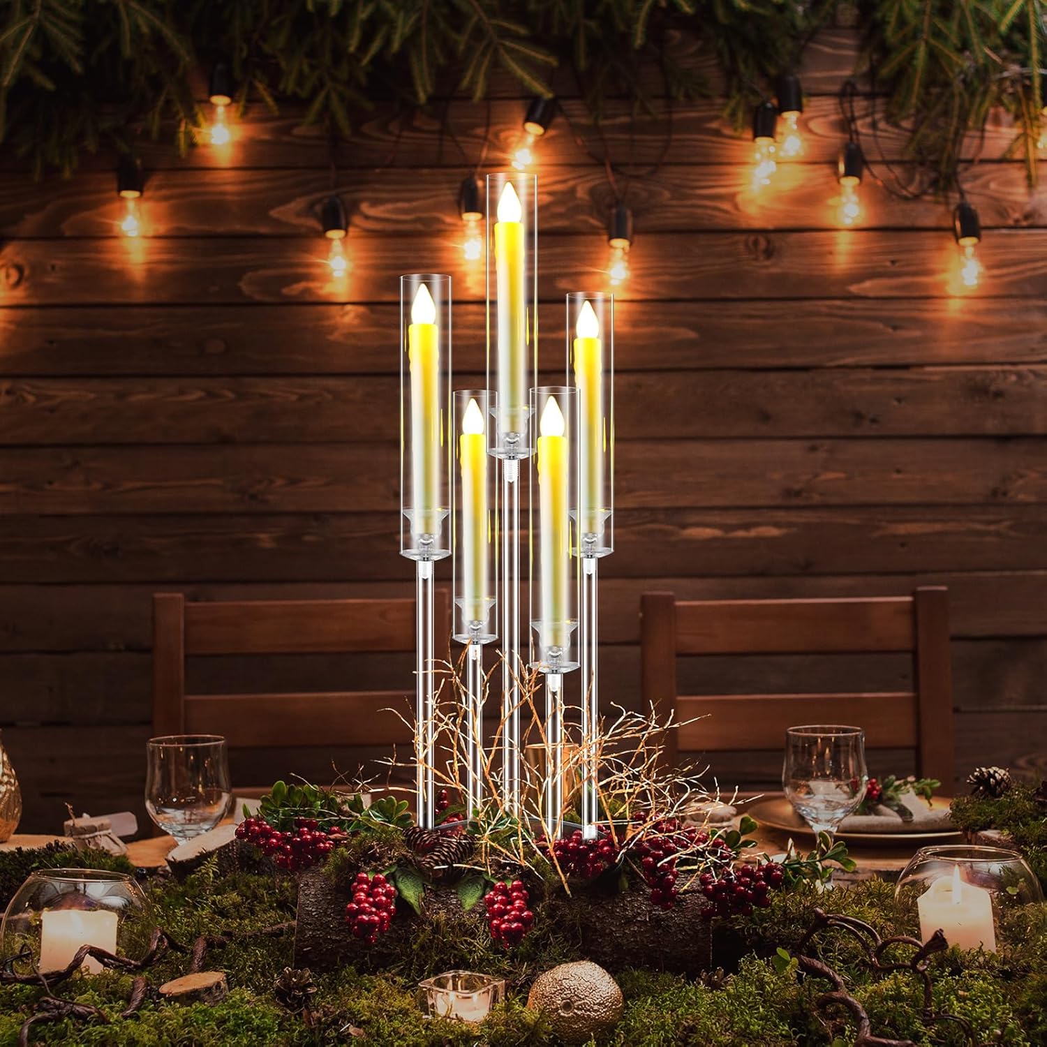 1 Set 5 Arm Acrylic Candelabra Holder Floor Clear Candle Centerpieces with LED Candles and Shade for Proposal