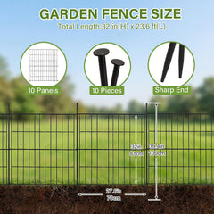 10 Panels No Dig Decorative Outdoor Garden Fence with Gate, 32in (H) x 23.6ft (L) Rustproof Metal Wire Rabbit Dog