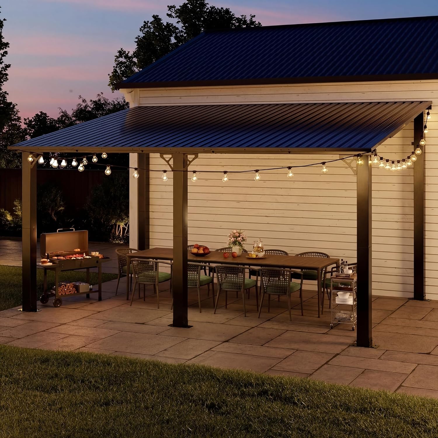 10'x14' Lean to Gazebo, Hardtop Pergola with Metal Roof, Wall Mounted Heavy Duty Canopy Awning for Backyard