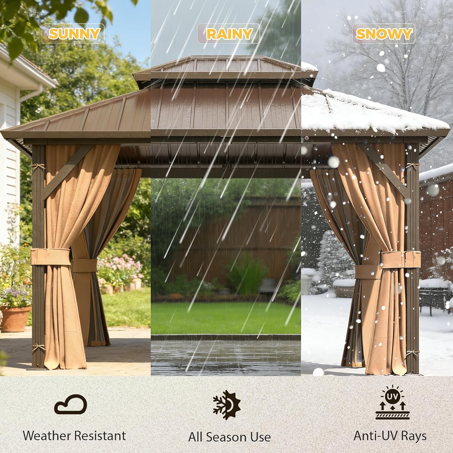 10' x 12' Gazebo Hardtop with Aluminum Frame,Galvanized Steel Double Roof Gazebos with Curtain and Netting,Outdoor Metal Pergolas for Garden, Lawn, Deck, Brown