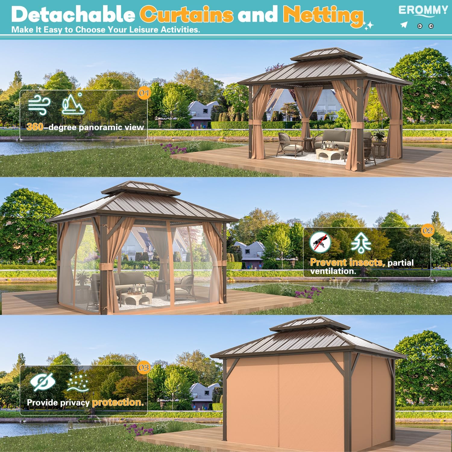 10' x 12' Hardtop Gazebo, Aluminum Frame Gazebos with Galvanized Steel Double Roof