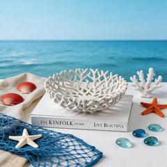 10-Inch White Resin Coral Bowl, Handcrafted Hollow Carved Coastal Art Decor | Handcarved hollow resin coral