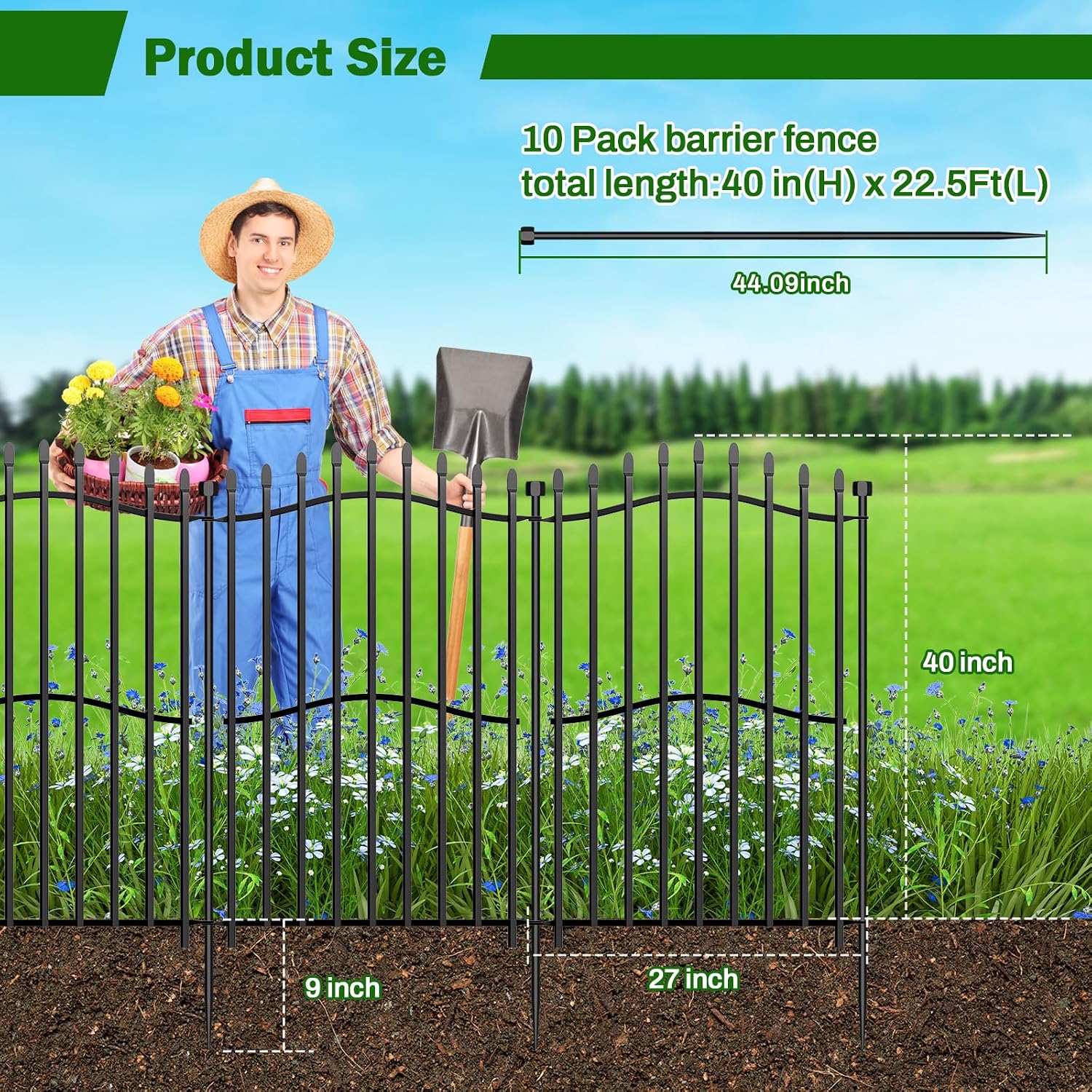 10 Panels No Dig Decorative Garden Fence with Gate - 40in H x 22.5ft L, Duty Square-Tall Heavy Duty Square Tube