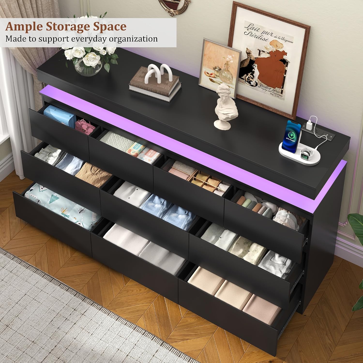 10 Drawer Dresser , 63" Wide 34" Tall Drawer Organizer Cabinet with LED Light and Charge Station, Modern Chest of