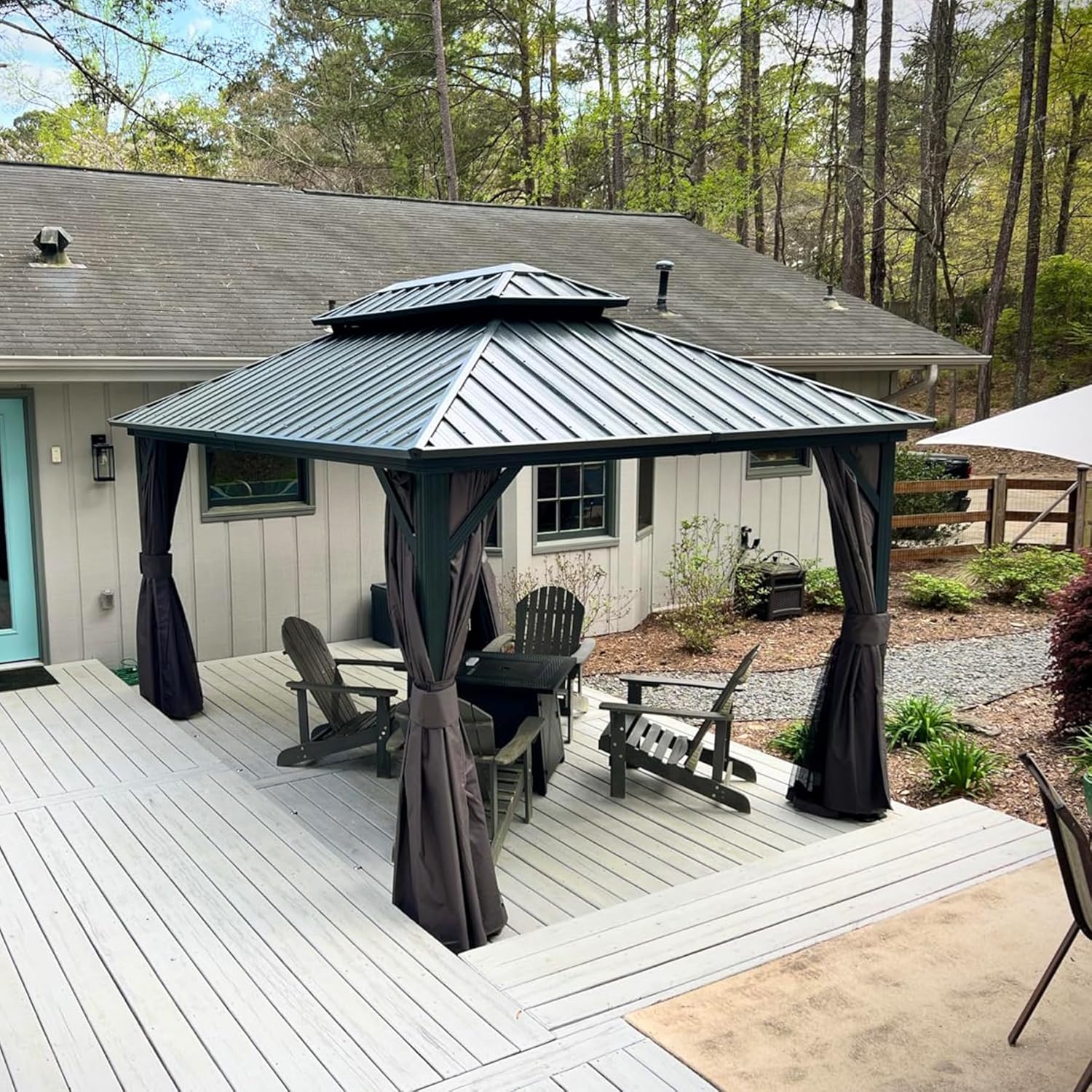 10' x 12' Hardtop Gazebo Permanent Metal Gazebo with Galvanized Steel Double Roof, Curtains and Netting for Patio