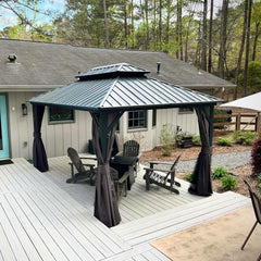 10' x 12' Hardtop Gazebo Permanent Metal Gazebo with Galvanized Steel Double Roof, Curtains and Netting for Patio