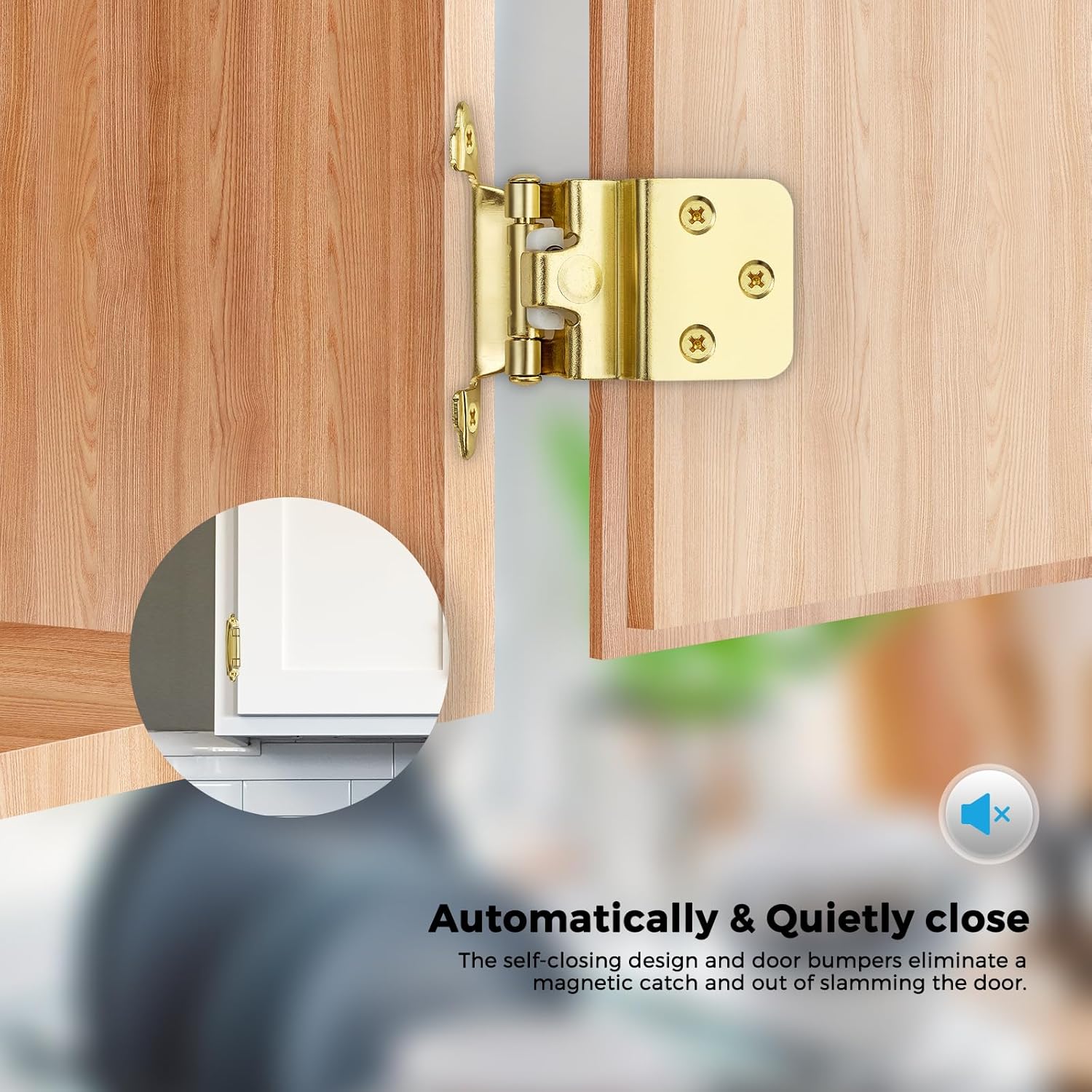 10 Pack (5 Pairs) 3/8 Inch Insert Kitchen Cabinet Hinges, Satin Brass Self Closing Hinges Doors, Semi-Concealed