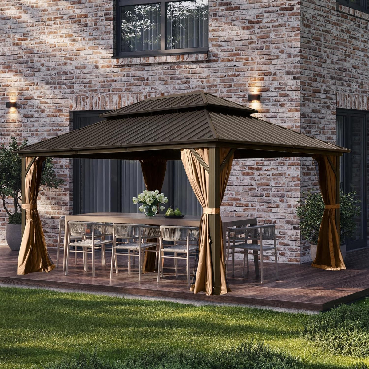 10' x 14' Hardtop Gazebo, Outdoor Metal Gazebo for Patios with Galvanized Steel Double Roof