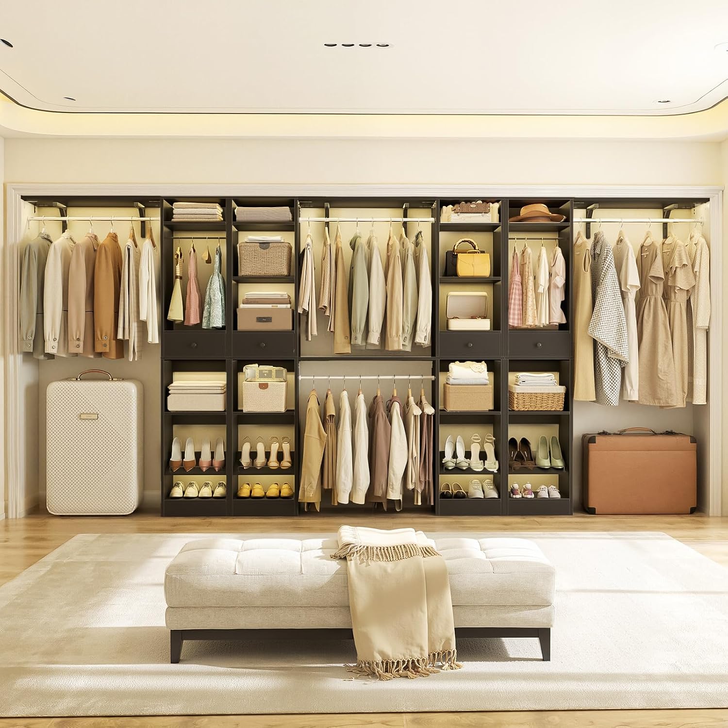 10-15FT Closet Systems, Large Wood Walk in Closet Organizer with Hanging Rods and Drawers, Heavy Duty Closets