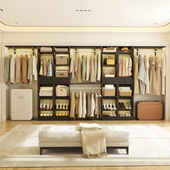 10-15FT Closet Systems, Large Wood Walk in Closet Organizer with Hanging Rods and Drawers, Heavy Duty Closets