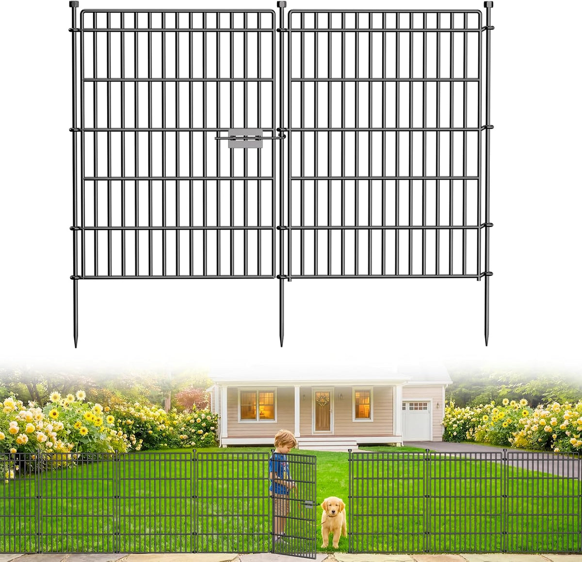 10 Panels No Dig Garden Fence with Gate, 34in(H) × 22.5ft(L) Decorative Metal Outdoor Dog Fence, Rustproof Pet