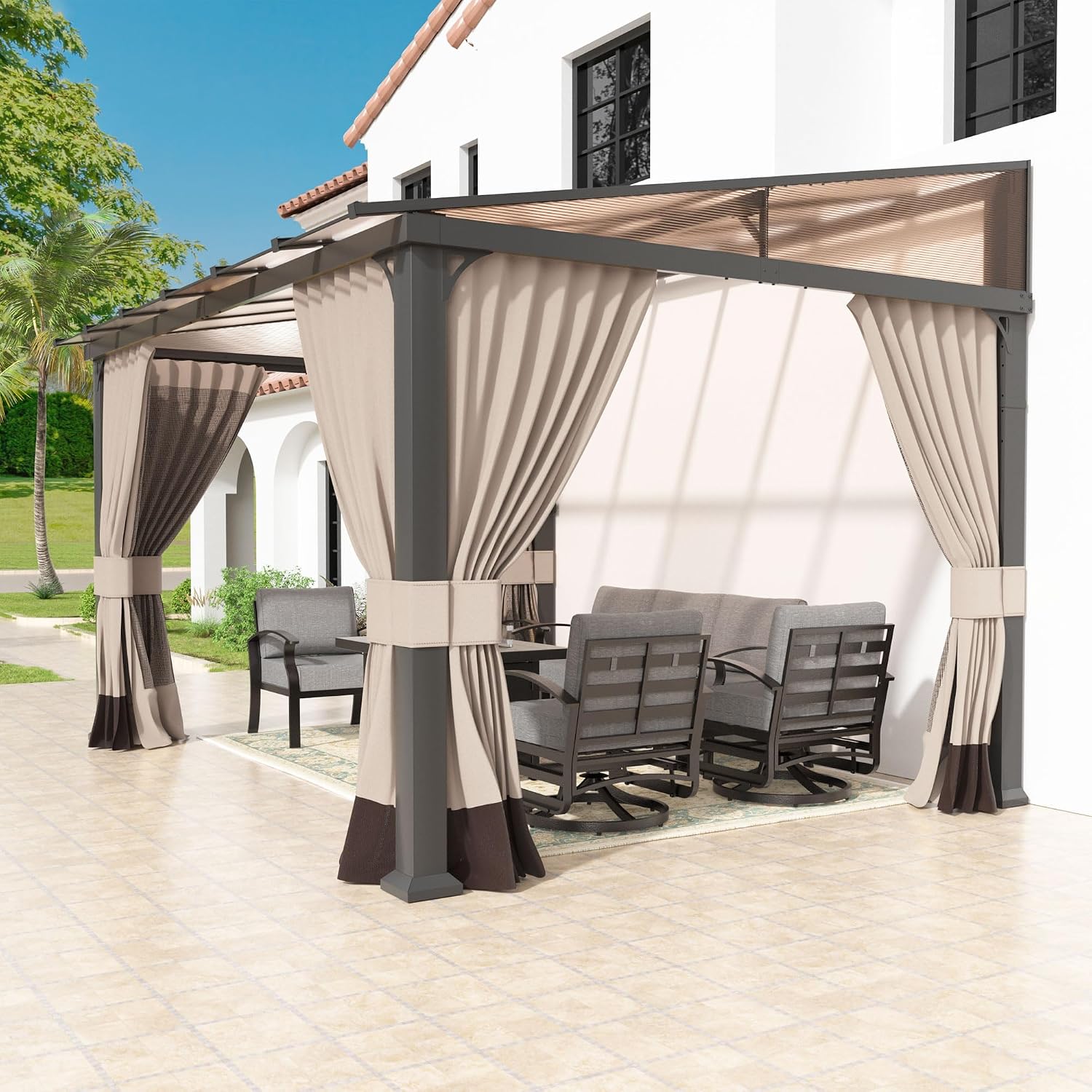 10' × 12' Hardtop Gazebo Wall-Mounted Lean to Gazebo Pergola with Sloping Roof and Durable Aluminum Frame,Large Heavy