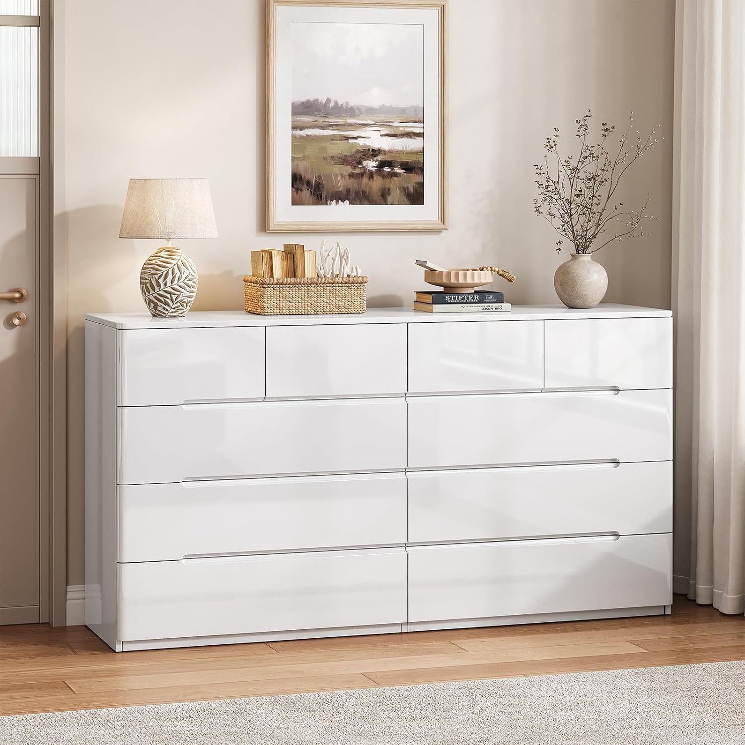 10 Drawer White Dresser , 55" Long Dresser Chest of Drawers, Large High Gloss Modern Storage Cabinet with Big Drawers