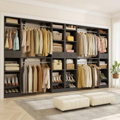 10-15FT Closet Systems, Large Wood Walk in Closet Organizer with Hanging Rods and Drawers, Heavy Duty Closets