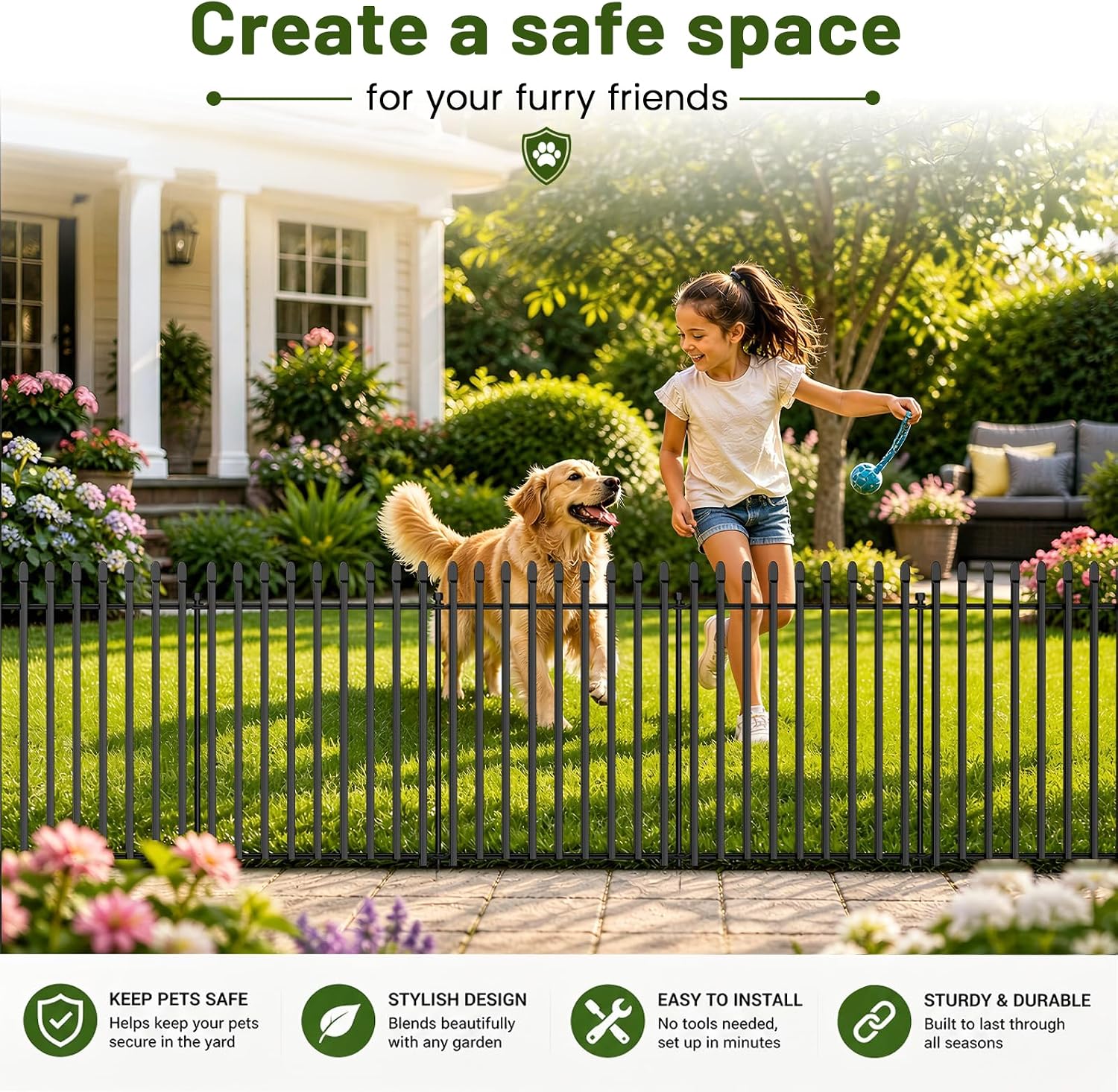 10 Panels No Dig Decorative Garden Fence with Gate, 32in(H) × 22ft(L) Heavy-Duty Rustproof Metal Panels, Outdoor Dog