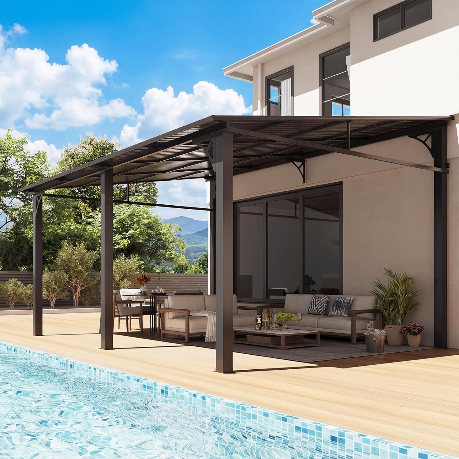 10' x 14' Lean to Gazebo, Upgraded Hardtop Outdoor Pergola with Sloping Galvanized Steel Roof