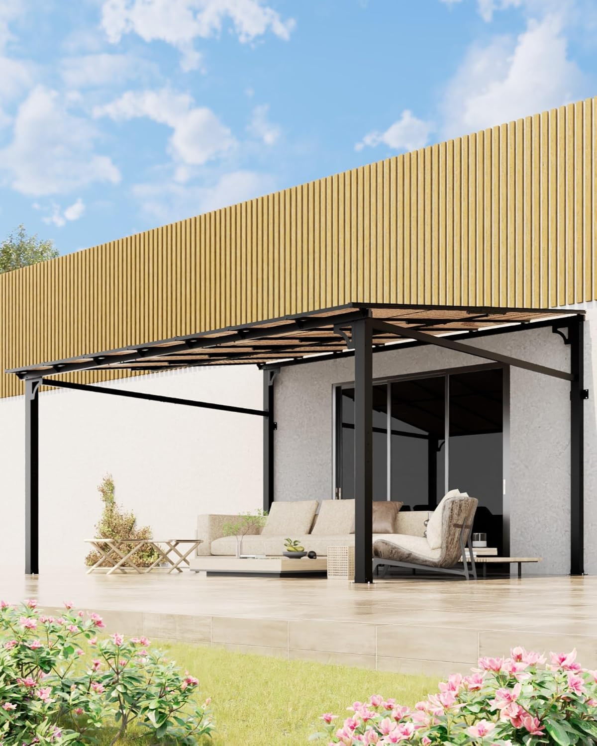 10 ft x 12 ft Lean to Gazebo, Hardtop Wall Pergola with Polycarbonate Roof